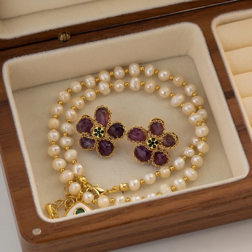 ◾️18k Gold Plated Purple Natural Stone Flower Earrings